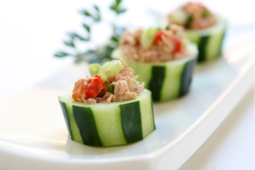 Yummy tuna salad in cucumber cups is a delicious gluten-free, grain-free option to that tuna sandwich. Skinny5 low calorie mock mayo keeps it a light lunch option.